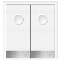 Маятниковая влагостойкая дверь ПВХ Etadoor ДГ Белый двустворчатая с двумя иллюминаторами и отбойными пластинами с AL торцами