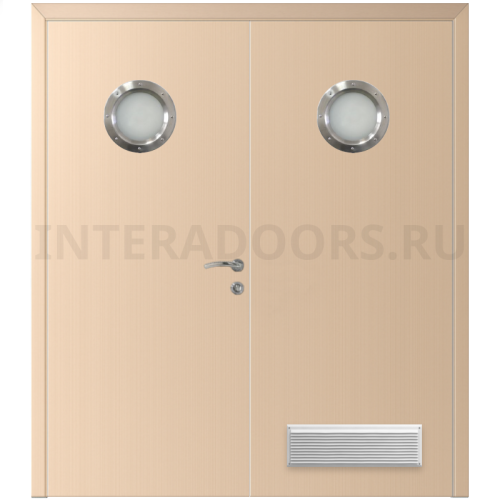 Дверь пластиковая Капель (Kapelli Classic) беленый дуб двустворчатая с двумя иллюминаторами и вентиляционной решеткой