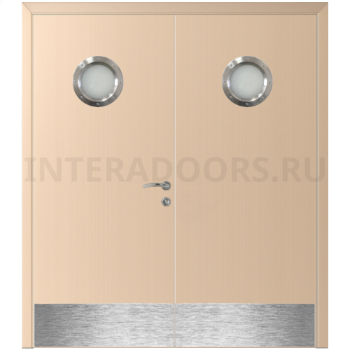 Дверь пластиковая Капель (Kapelli Classic) беленый дуб двустворчатая с двумя иллюминаторами и отбойными пластинами