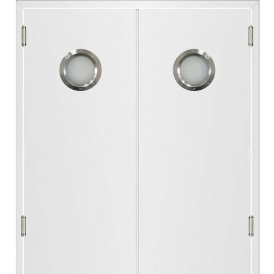 Маятниковая двустворчатая дверь пластиковая гладкая Kapelli Classic белый с двумя иллюминаторами