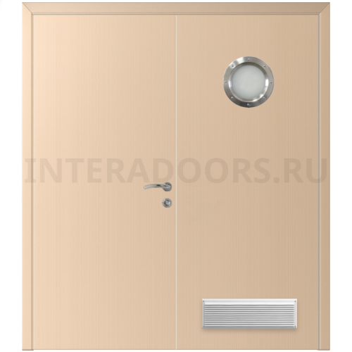 Дверь пластиковая Капель (Kapelli Classic) беленый дуб двустворчатая с иллюминатором и вентиляционной решеткой