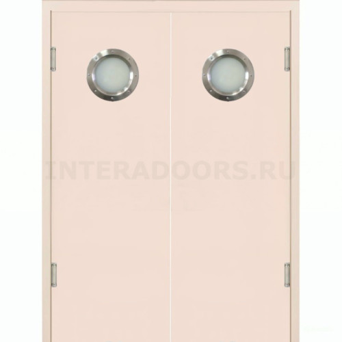 Маятниковая двухстворчатая дверь пластиковая гладкая Kapelli Classic кремовый RAL 9001 с двумя иллюминаторами