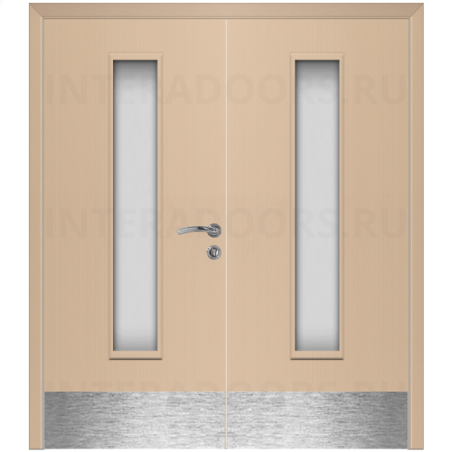 Дверь пластиковая Капель (Kapelli Classic) беленый дуб двустворчатая ДО стекло 2 с отбойными пластинами