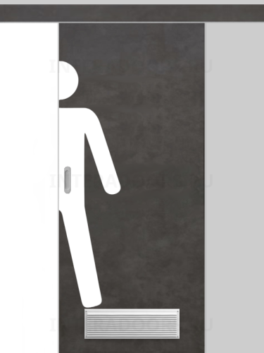 Дверь пластиковая раздвижная Капель (Kapelli Classic) черный бетон с вентиляционной решеткой и наклейкой для туалетов МУЖ.
