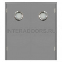 Маятниковая двухстворчатая дверь пластиковая гладкая Kapelli Classic темно серый RAL 7046 с двумя иллюминаторами