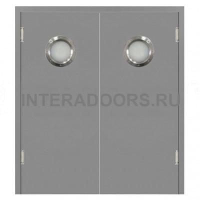 Маятниковая двухстворчатая дверь пластиковая гладкая Kapelli Classic темно серый RAL 7046 с двумя иллюминаторами