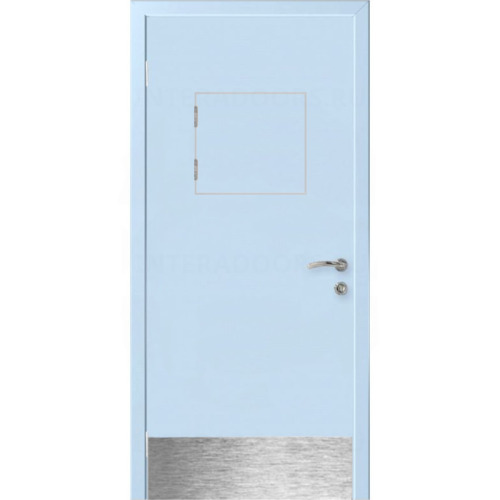 Дверь пластиковая Капель (Kapelli Classic) голубой RAL 5024 с передаточным окном и отбойной пластиной