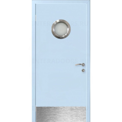 Дверь пластиковая Капель (Kapelli Classic) голубой RAL 5024 с иллюминатором и отбойной пластиной