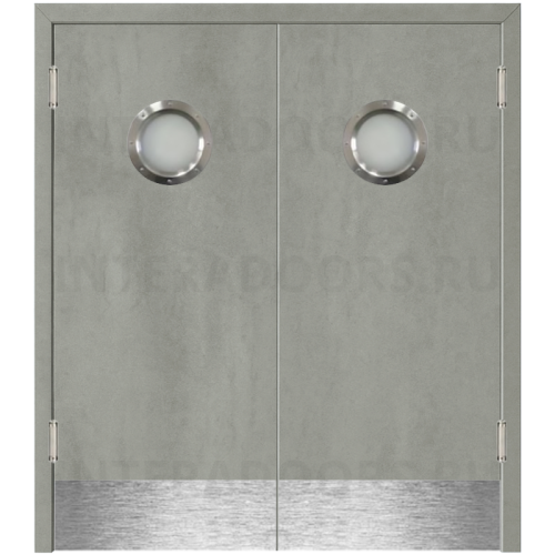 Маятниковая двустворчатая дверь пластиковая гладкая Kapelli Classic серый бетон с двумя иллюминаторами
