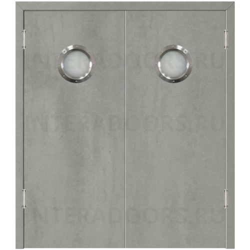 Маятниковая двустворчатая дверь пластиковая гладкая Kapelli Classic серый бетон с двумя иллюминаторами