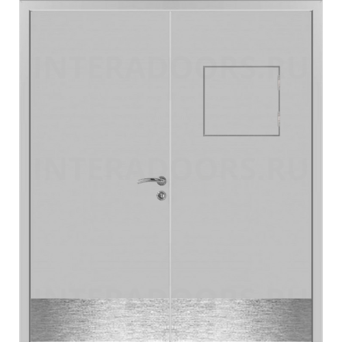 Дверь пластиковая Капель (Kapelli Classic) светло серый RAL 7035 двустворчатая с передаточным окном и отбойными пластинами