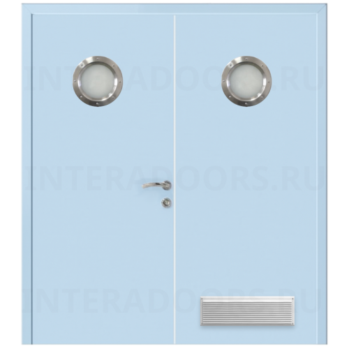 Дверь пластиковая Капель (Kapelli Classic) голубой RAL 5024 двустворчатая с двумя иллюминаторами и вентиляционной решеткой