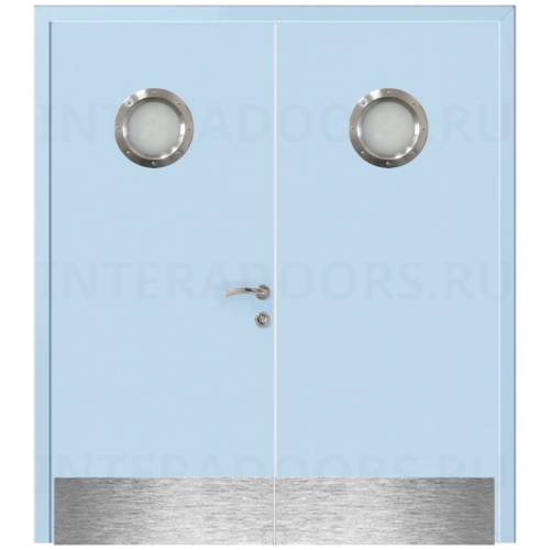 Дверь пластиковая Капель (Kapelli Classic) голубой RAL 5024 двустворчатая с двумя иллюминаторами и отбойными пластинами