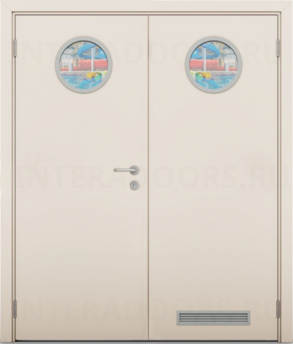 Дверь композитная Poseidon Крем матовый двустворчатая с двумя иллюминаторами и вентиляционной решеткой