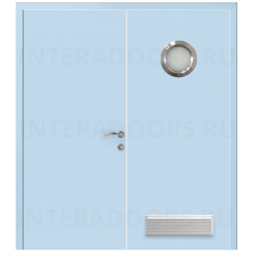 Дверь пластиковая Капель (Kapelli Classic) голубой RAL 5024 двустворчатая с иллюминатором и вентиляционной решеткой