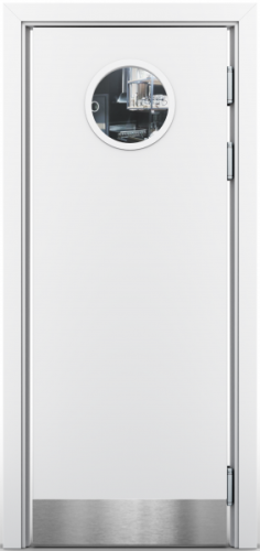 Маятниковая дверь композитная Poseidon Белый с иллюминатором и отбойной пластиной