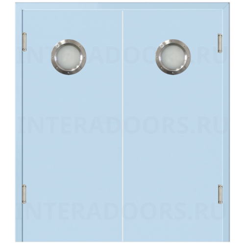 Маятниковая двухстворчатая дверь пластиковая гладкая Kapelli Classic голубой RAL 5024 с двумя иллюминаторами