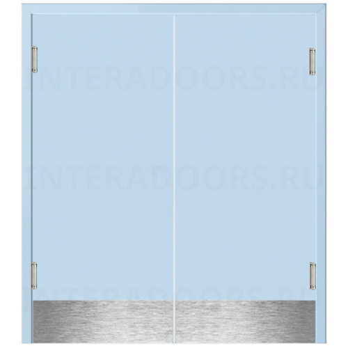 Маятниковая двухстворчатая дверь пластиковая гладкая Kapelli Classic голубой RAL 5024 с двумя иллюминаторами